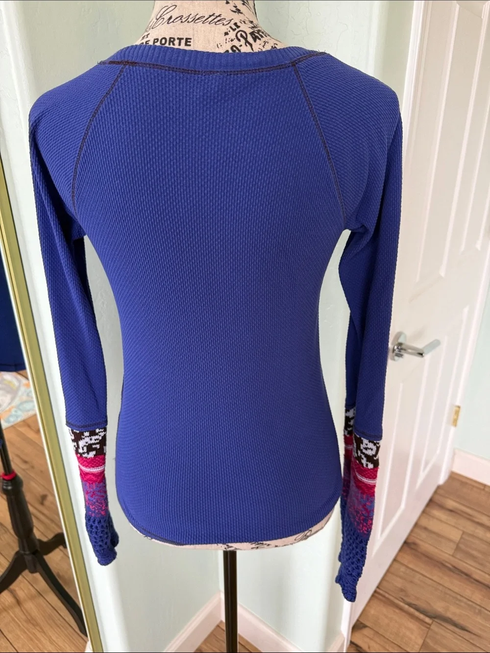 Free People Royal Blue Long-Sleeve Thermal Top with Pink Accent Cuffs